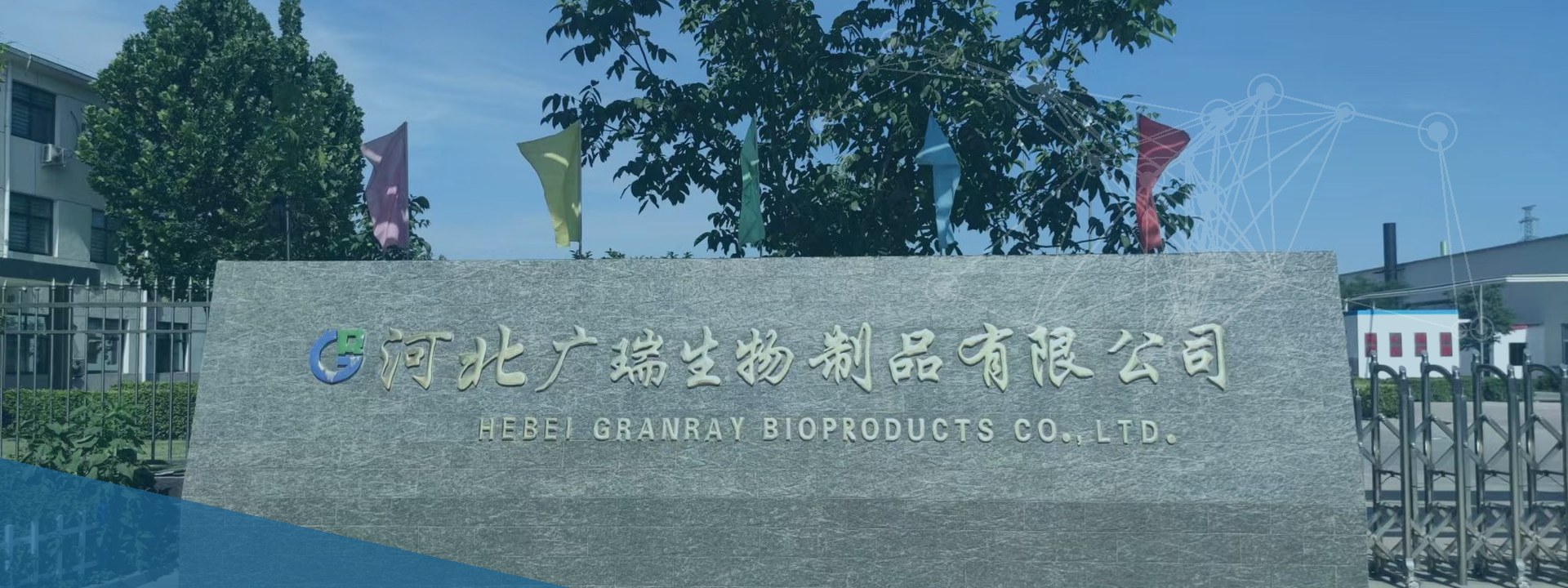 Granray company banner background with facility and office visuals